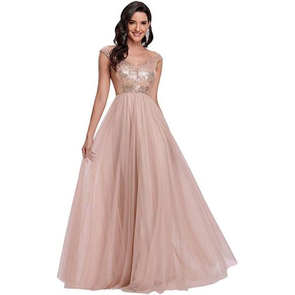Womens V Neck Sequin Tulle A Line Evening Formal Dress Bridesmaid Rose Gold - Picture 1 of 7